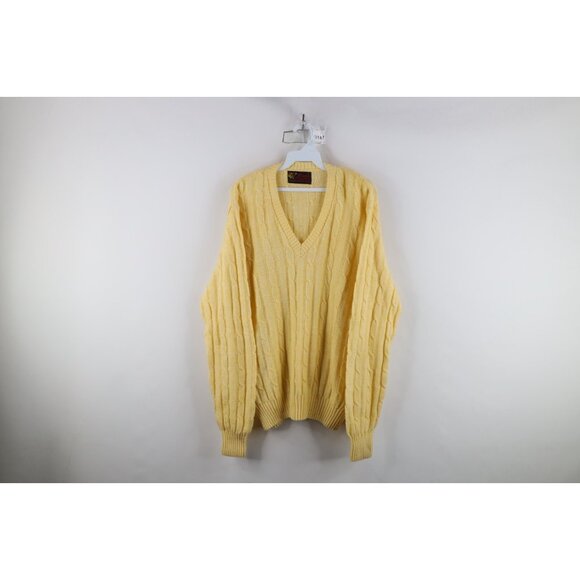 Vintage Other - Vtg 70s Streetwear Mens Large Blank Chunky Cable Knit V-Neck Sweater Yellow USA
